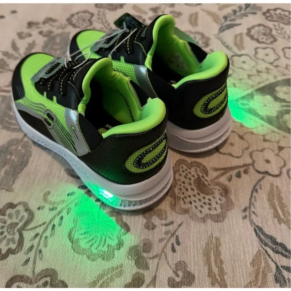 Skechers S Sport Kids Myles Light Up Sneakers Neon Green Black Size 12 NEW